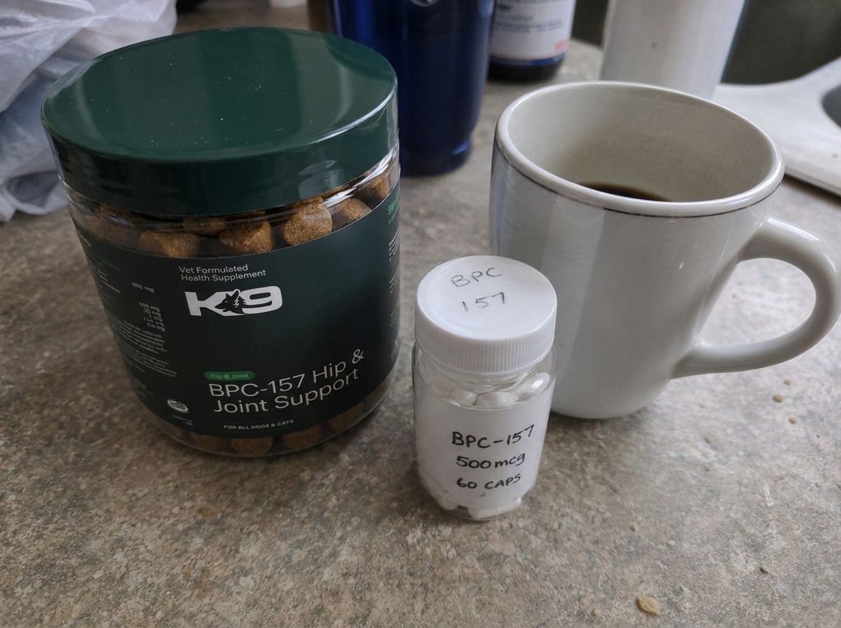 K9 Labs BPC-157 jar on a kitchen counter next to the owner's own BPC-157 capsules and a coffee mug